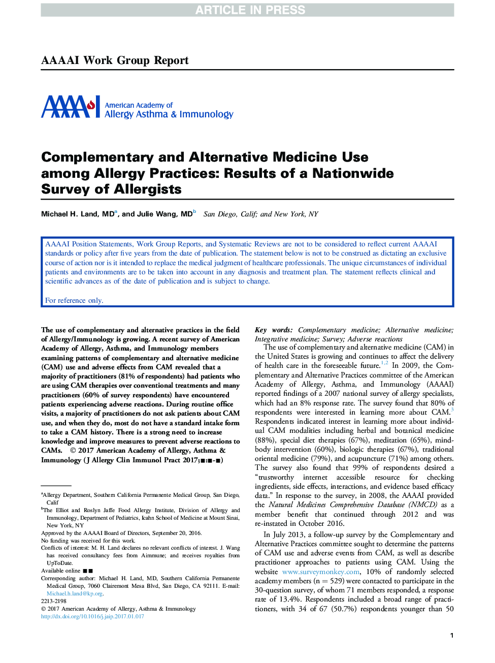 استفاده از طب مکمل و جایگزین در میان اقدامات آلرژی: نتایج یک بررسی عمومی در مورد آلرژیست ها 