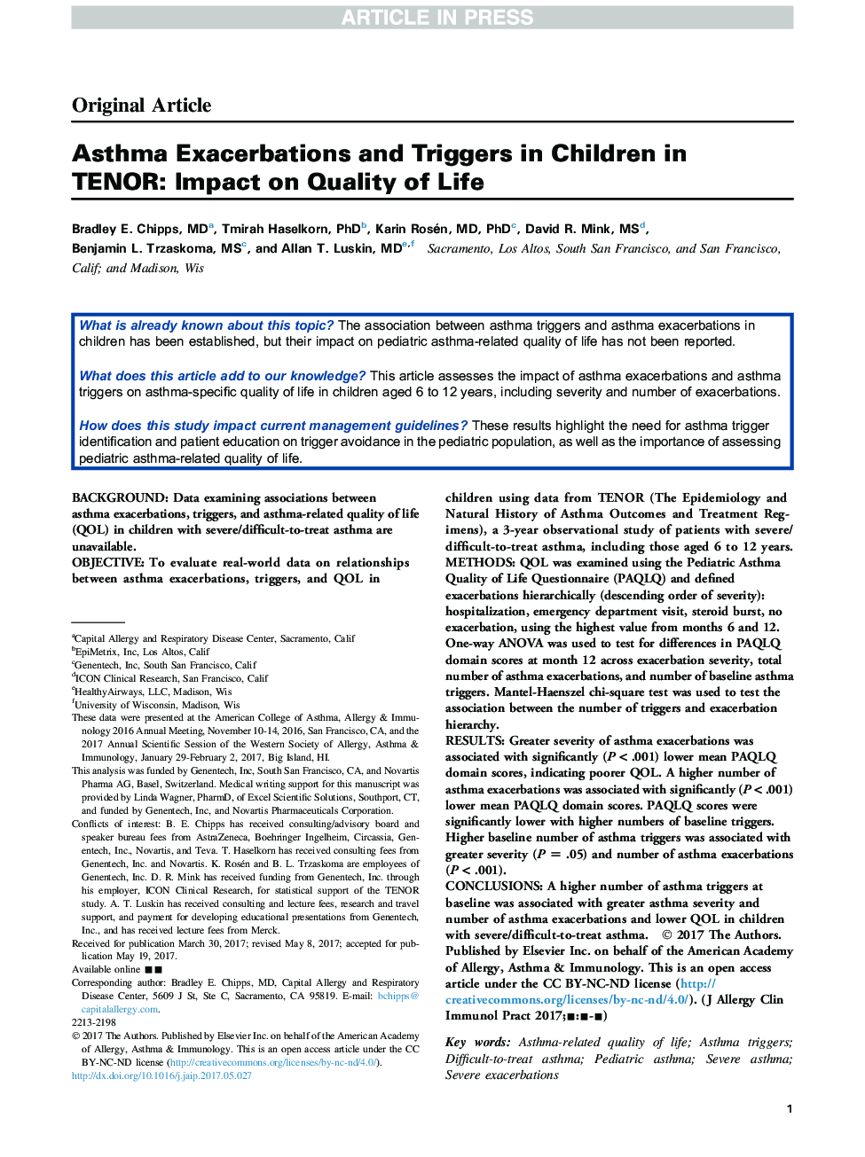 Asthma Exacerbations and Triggers in Children in TENOR: Impact on Quality of Life