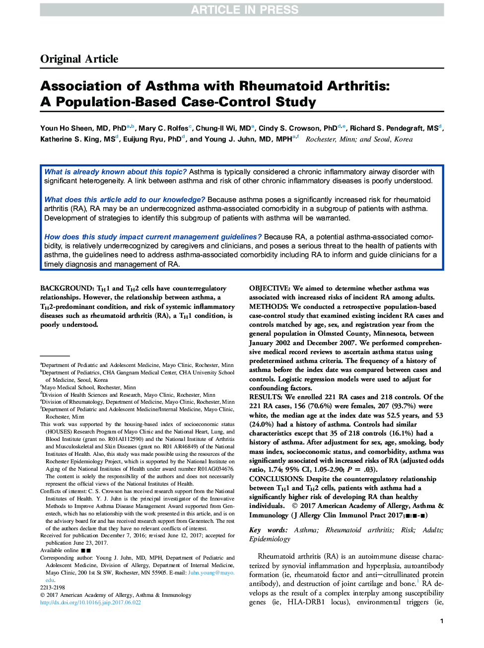 انجمن آسم با آرتریت روماتوئید: یک مطالعه مورد شاهدی مبتنی بر جمعیت 
