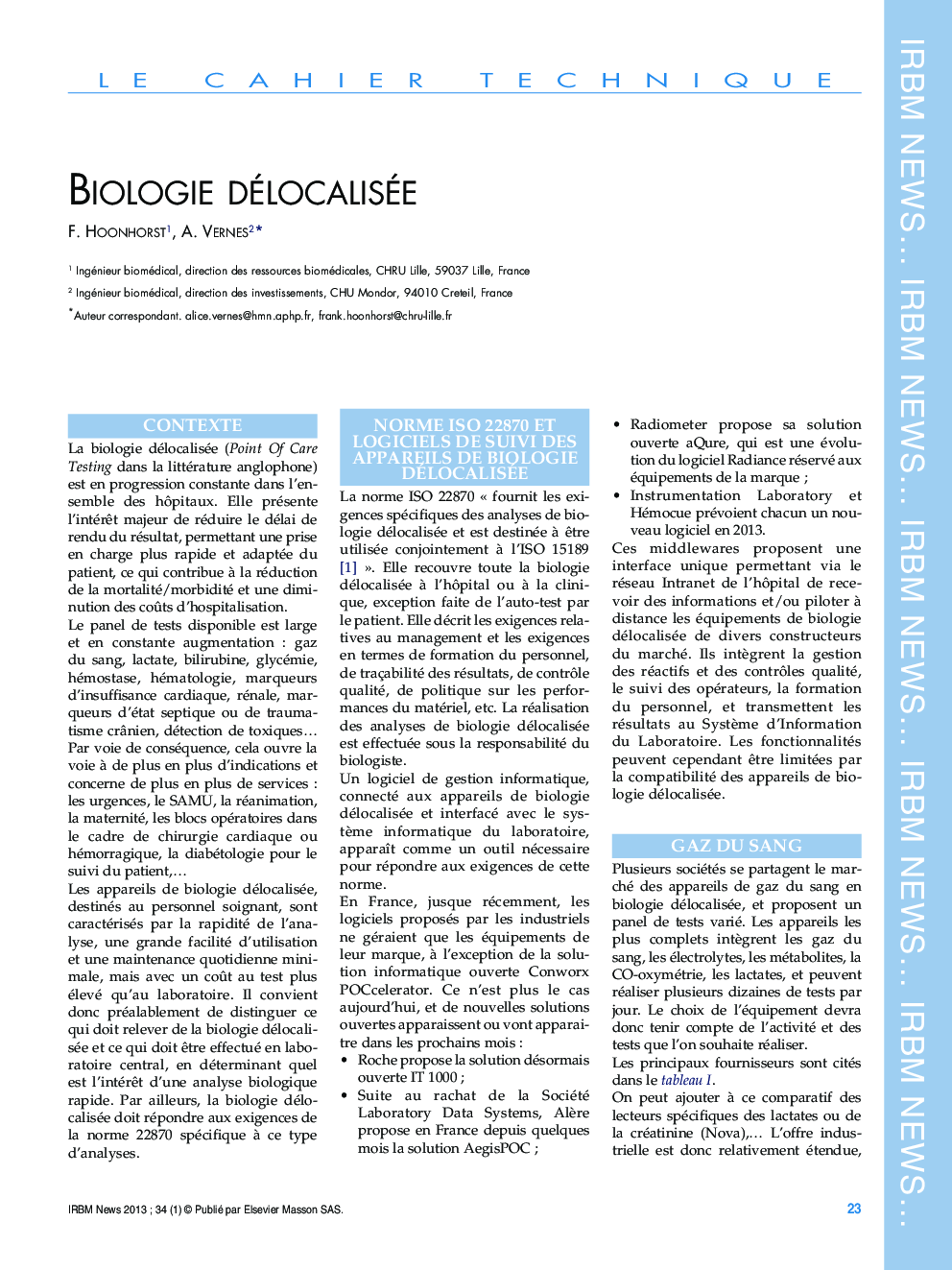 عکس صفحه اول مقاله: Biologie délocalisée Biologie délocalisée
