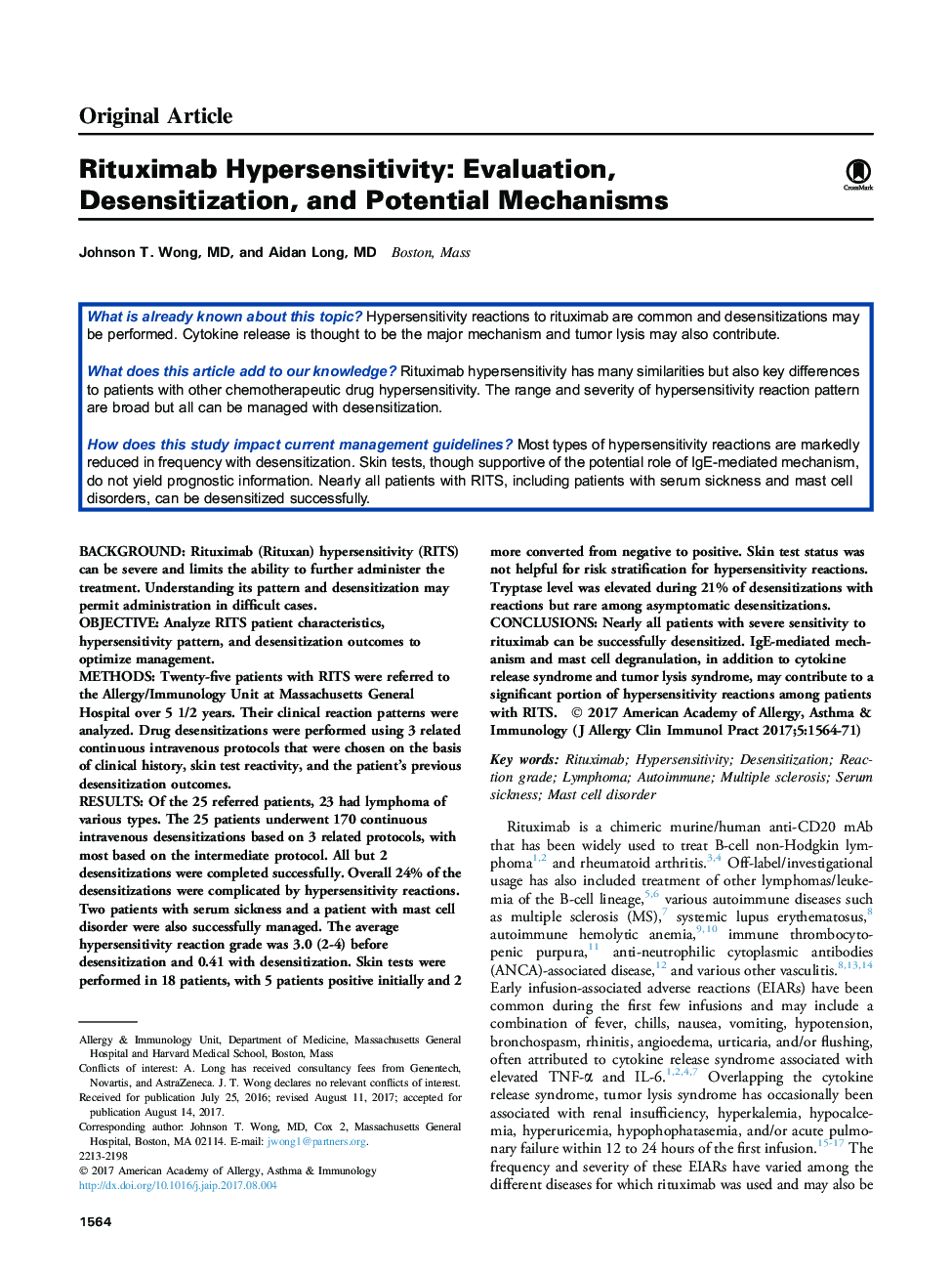 Rituximab Hypersensitivity: Evaluation, Desensitization, and Potential Mechanisms