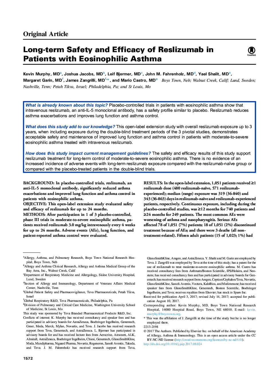 Long-term Safety and Efficacy of Reslizumab in Patients with Eosinophilic Asthma