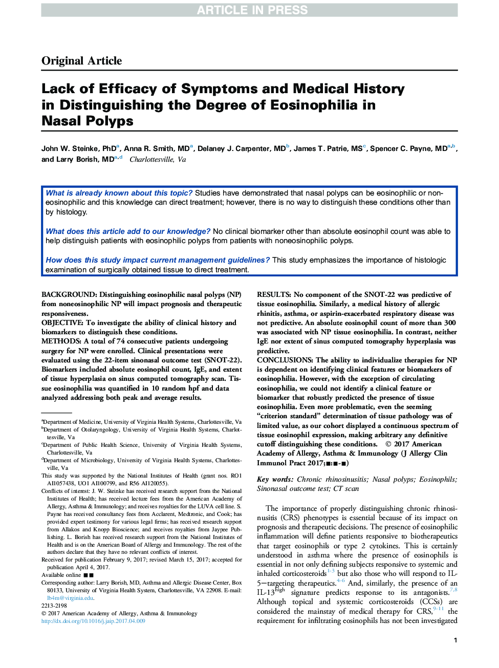 Lack of Efficacy of Symptoms and Medical History in Distinguishing the Degree of Eosinophilia in Nasal Polyps