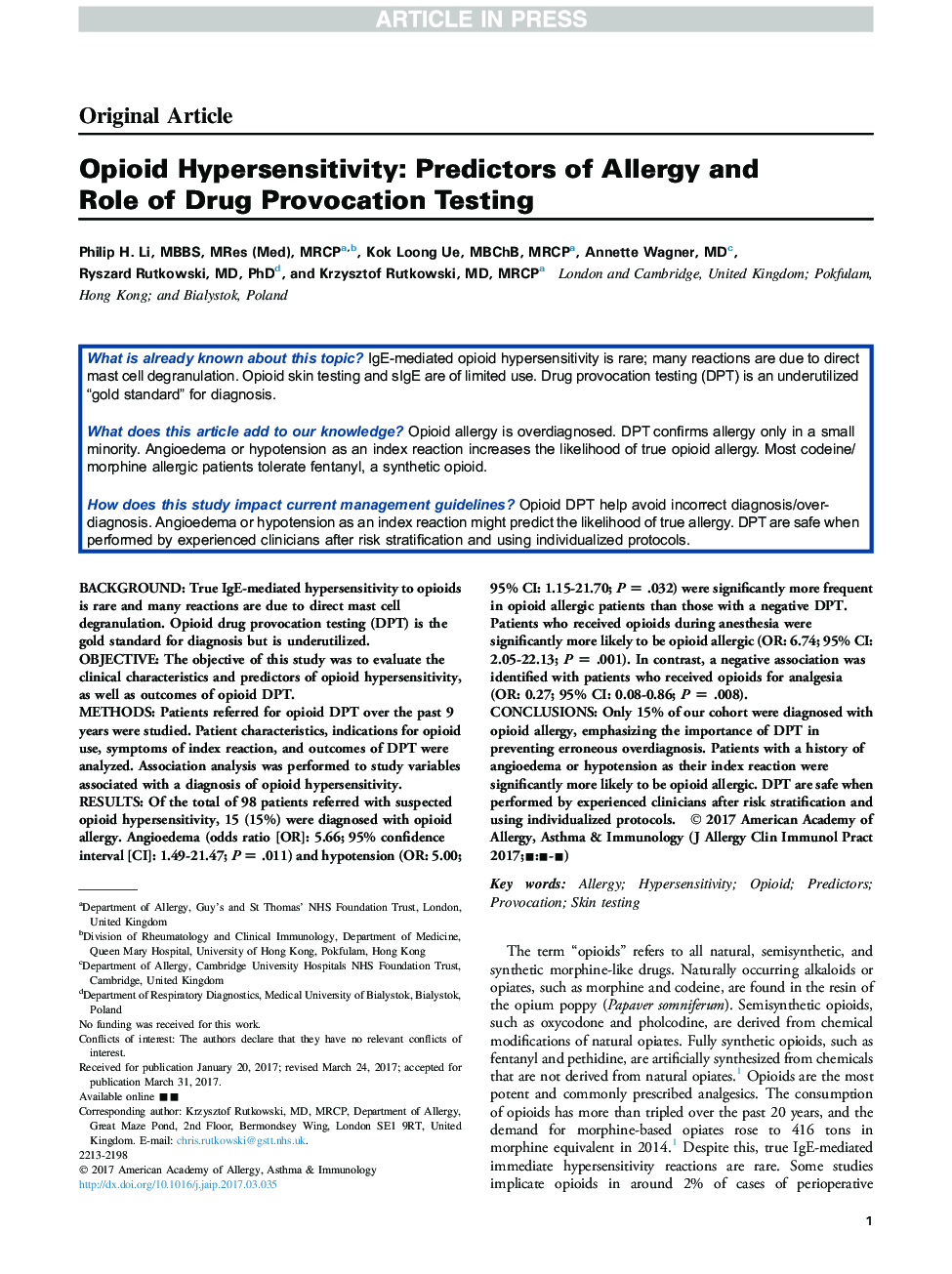 Opioid Hypersensitivity: Predictors of Allergy and Role of Drug Provocation Testing