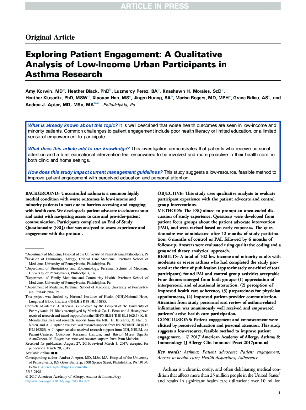 بررسی مشارکت بیمار: یک تحلیل کیفی از شرکت کنندگان کم درآمد شهری در تحقیقات آسم 
