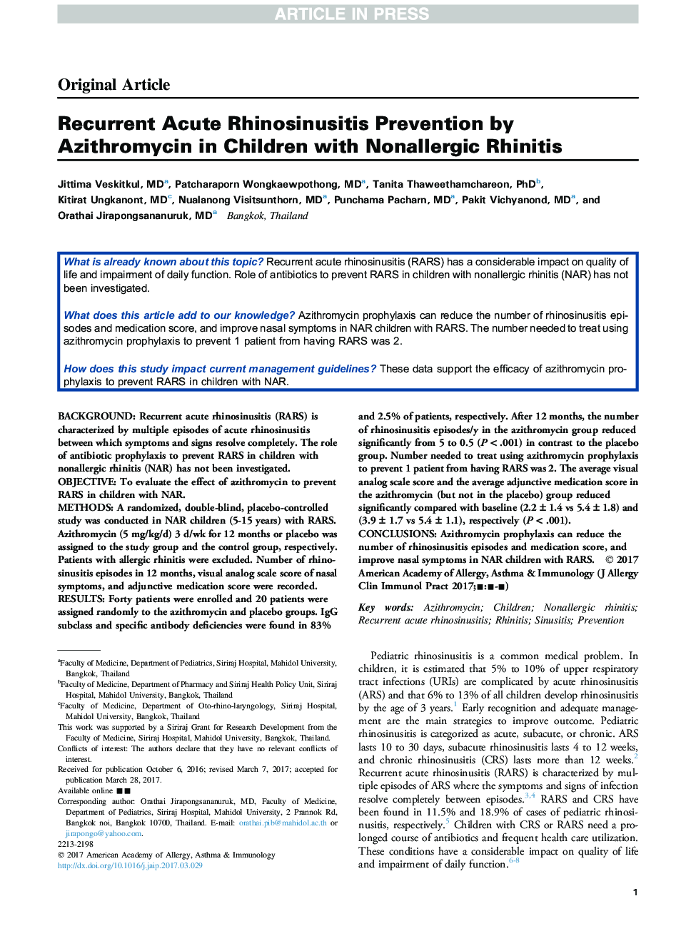 Recurrent Acute Rhinosinusitis Prevention by Azithromycin in Children with Nonallergic Rhinitis