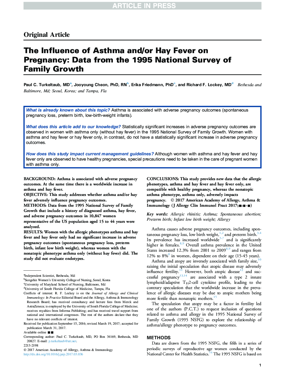 The Influence of Asthma and/or Hay Fever on Pregnancy: Data from the 1995 National Survey of Family Growth