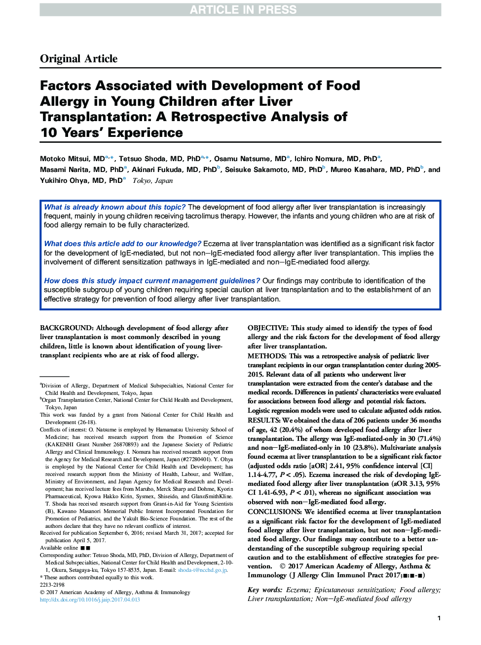 عوامل مرتبط با توسعه آلرژی غذایی در کودکان جوان پس از پیوند کبد: یک بررسی گذشتهنگرانه از تجربه 10 ساله 