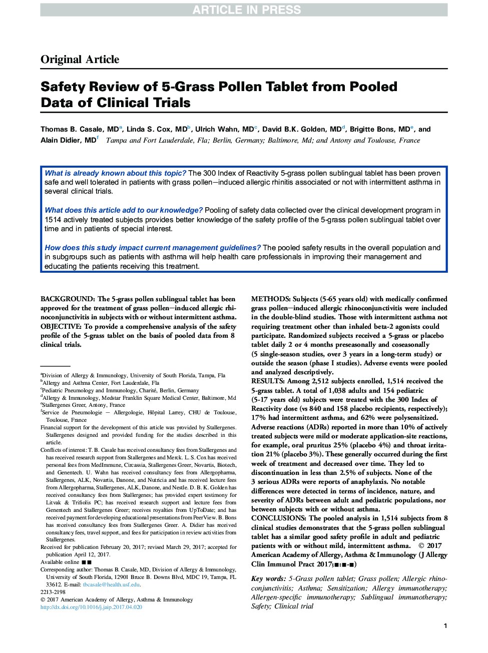 Safety Review of 5-Grass Pollen Tablet from Pooled Data of Clinical Trials