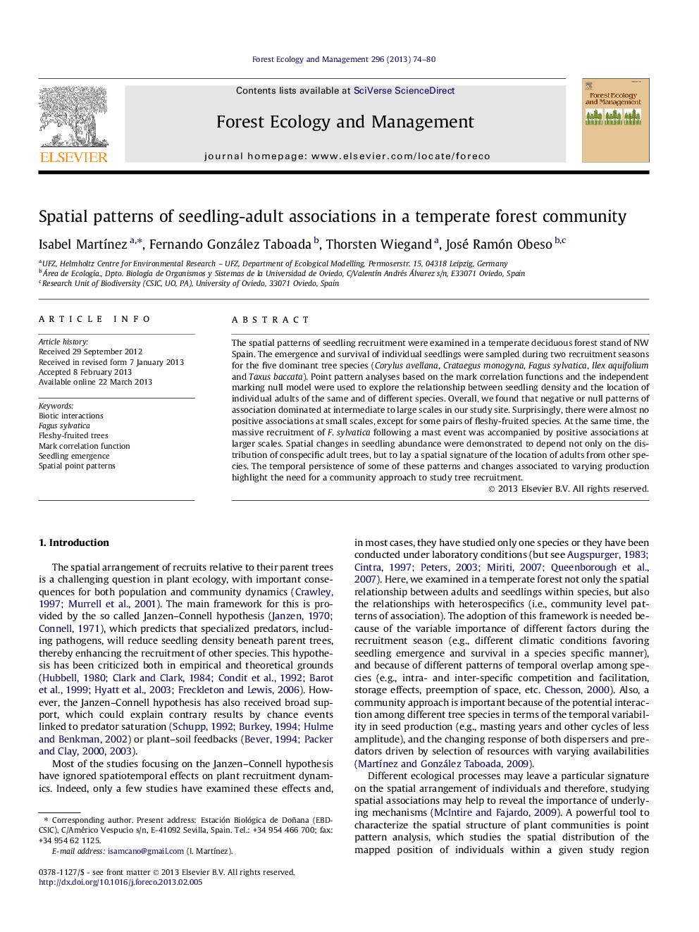 Spatial patterns of seedling-adult associations in a temperate forest community