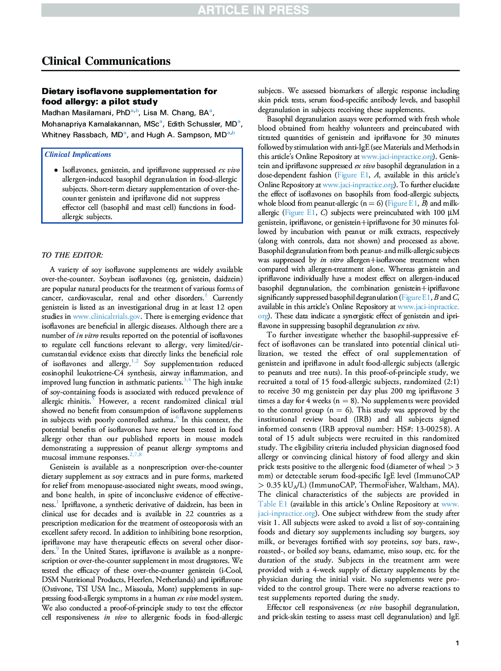 Dietary isoflavone supplementation for food allergy: A pilot study