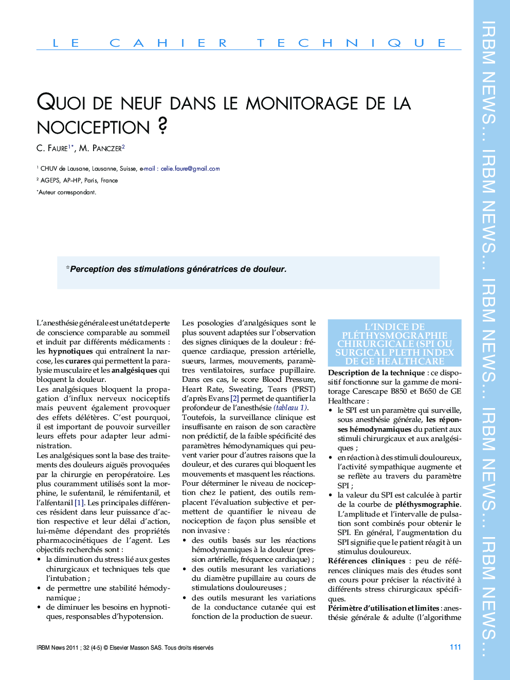عکس صفحه اول مقاله: Quoi de neuf dans le monitorage de la nociception ? Quoi de neuf dans le monitorage de la nociception ?