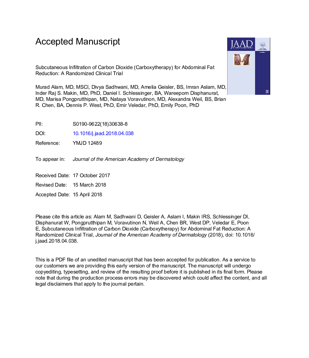 Subcutaneous infiltration of carbon dioxide (carboxytherapy) for abdominal fat reduction: A randomized clinical trial