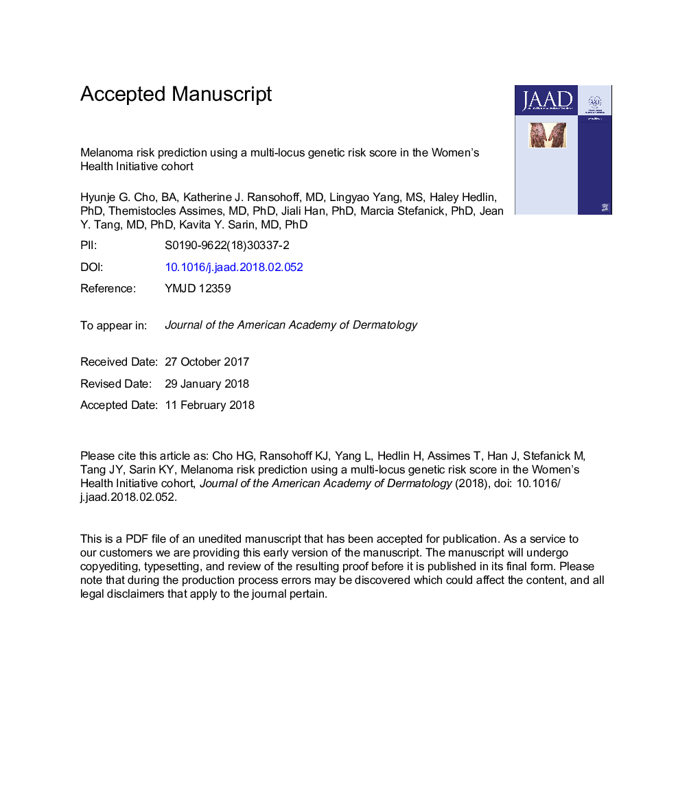 Melanoma risk prediction using a multilocus genetic risk score in the Women's Health Initiative cohort