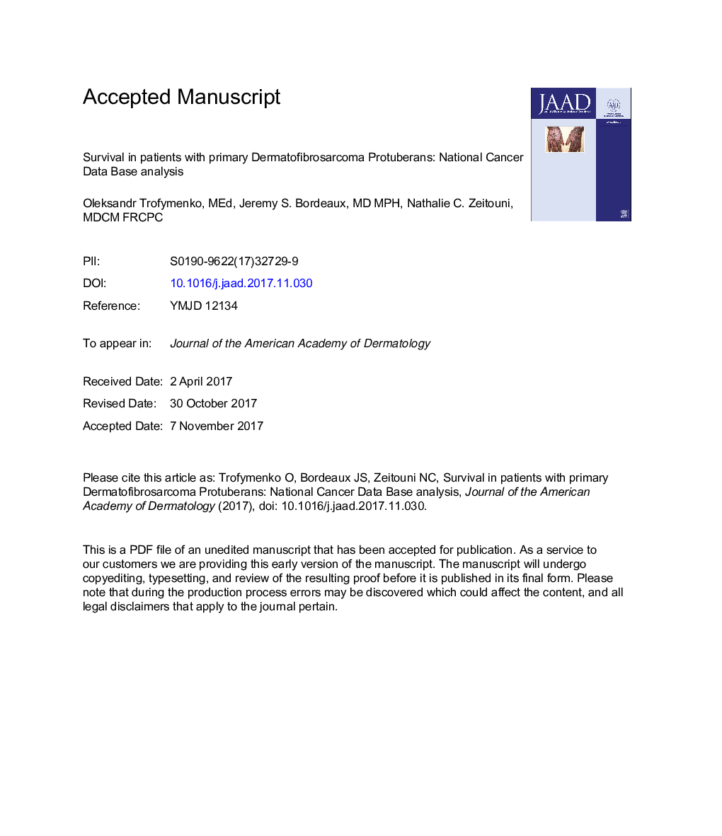 Survival in patients with primary dermatofibrosarcoma protuberans: National Cancer Database analysis