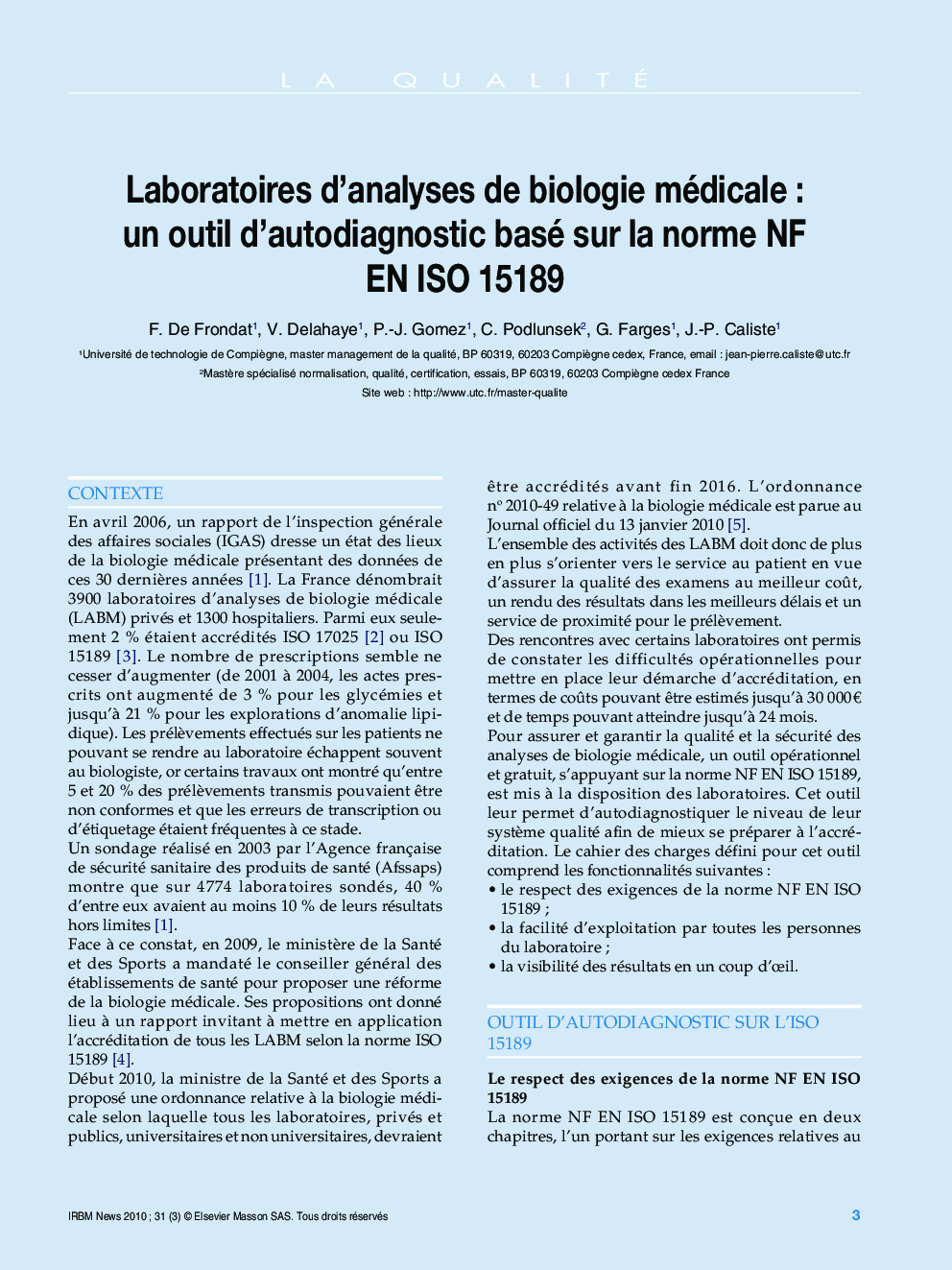 عکس صفحه اول مقاله: Laboratoires d’analyses de biologie médicale : un outil d’autodiagnostic basé sur la norme NF EN ISO 15189 Laboratoires d’analyses de biologie médicale : un outil d’autodiagnostic basé sur la norme NF EN ISO 15189