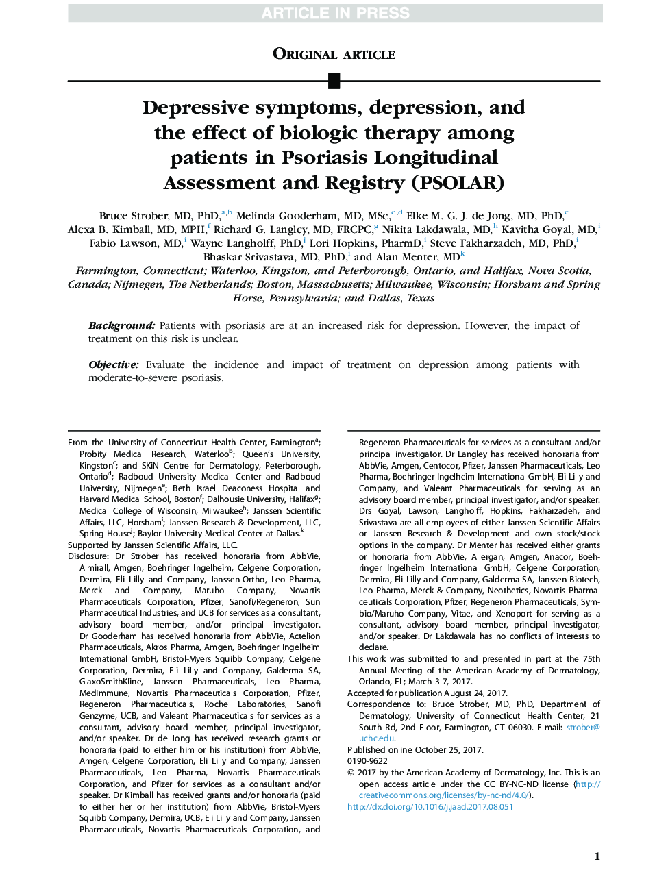 Depressive symptoms, depression, and the effect of biologic therapy among patients in Psoriasis Longitudinal Assessment and Registry (PSOLAR)