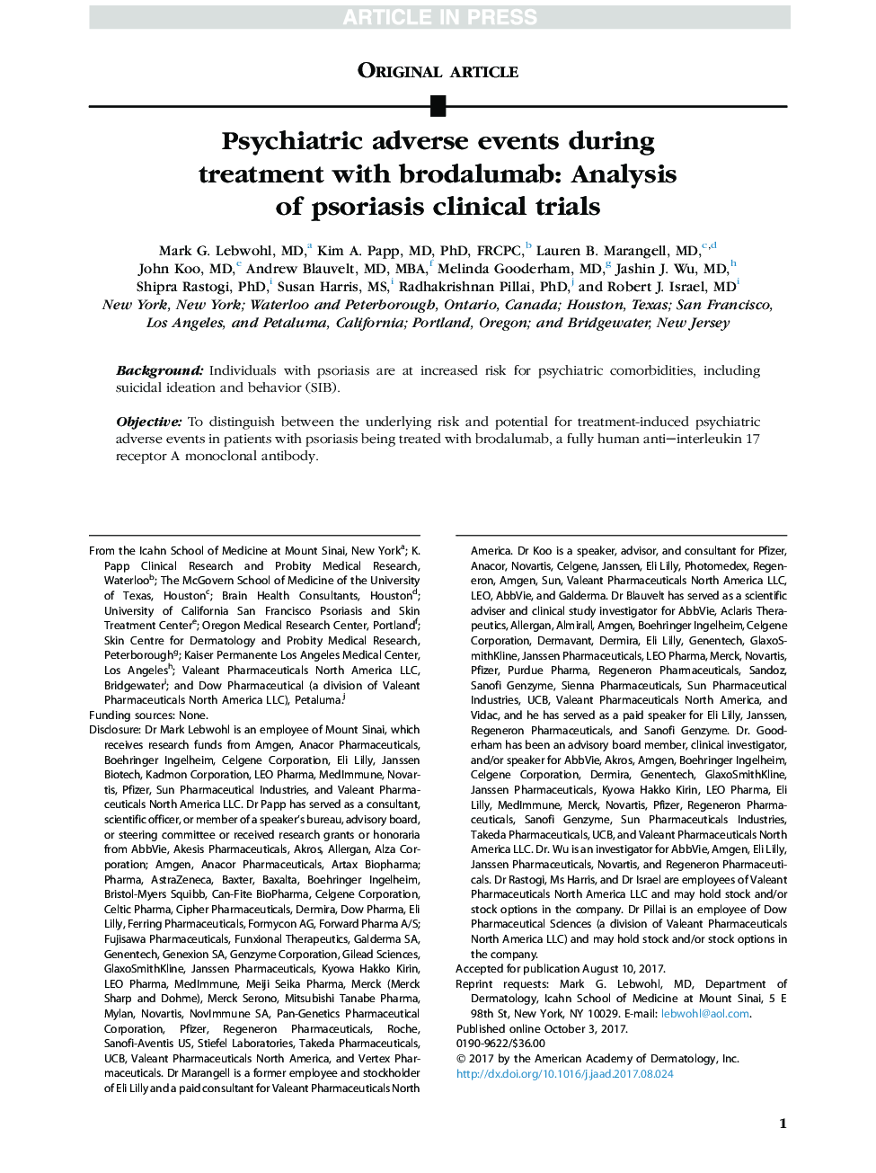 Psychiatric adverse events during treatment with brodalumab: Analysis of psoriasis clinical trials