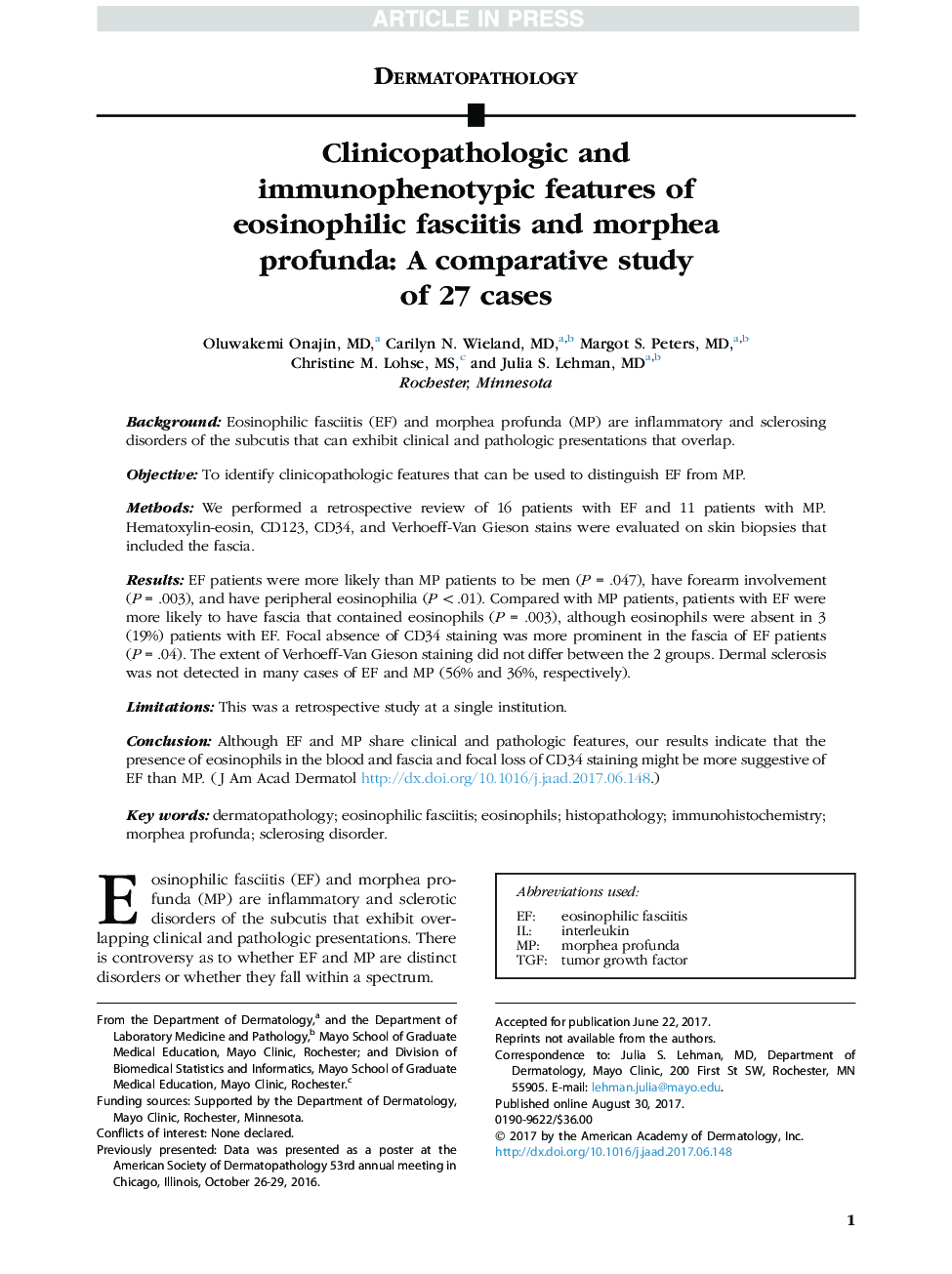 Clinicopathologic and immunophenotypic features of eosinophilic fasciitis and morphea profunda: A comparative study of 27 cases