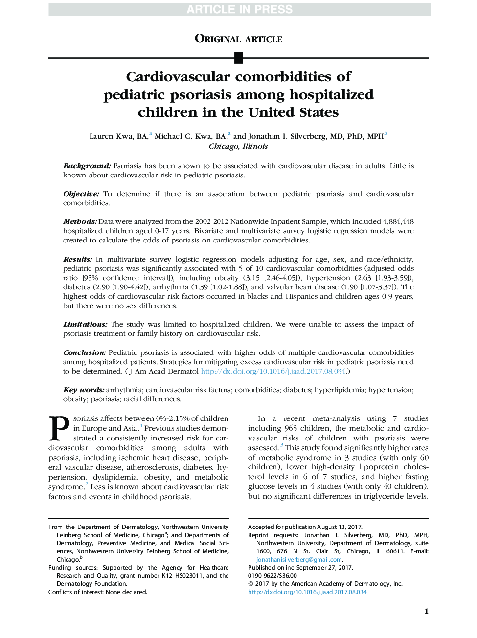 Cardiovascular comorbidities of pediatric psoriasis among hospitalized children in the United States