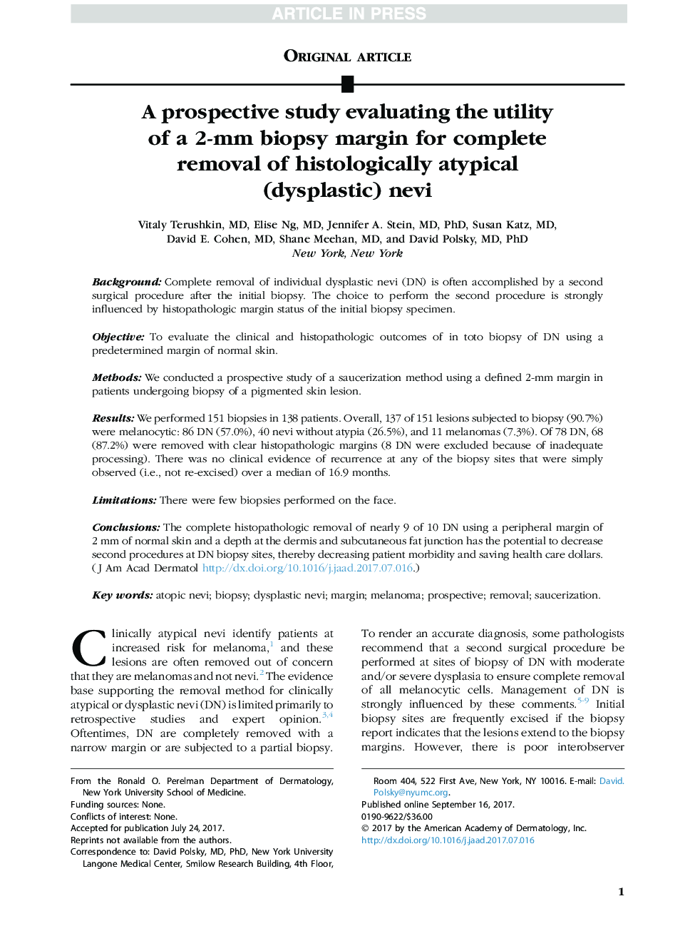 A prospective study evaluating the utility of a 2-mm biopsy margin for complete removal of histologically atypical (dysplastic) nevi