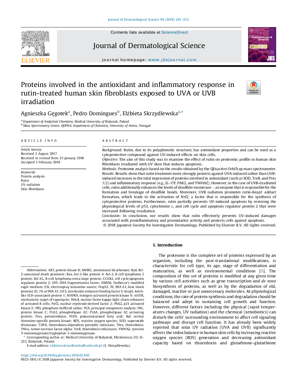 Proteins involved in the antioxidant and inflammatory response in rutin-treated human skin fibroblasts exposed to UVA or UVB irradiation