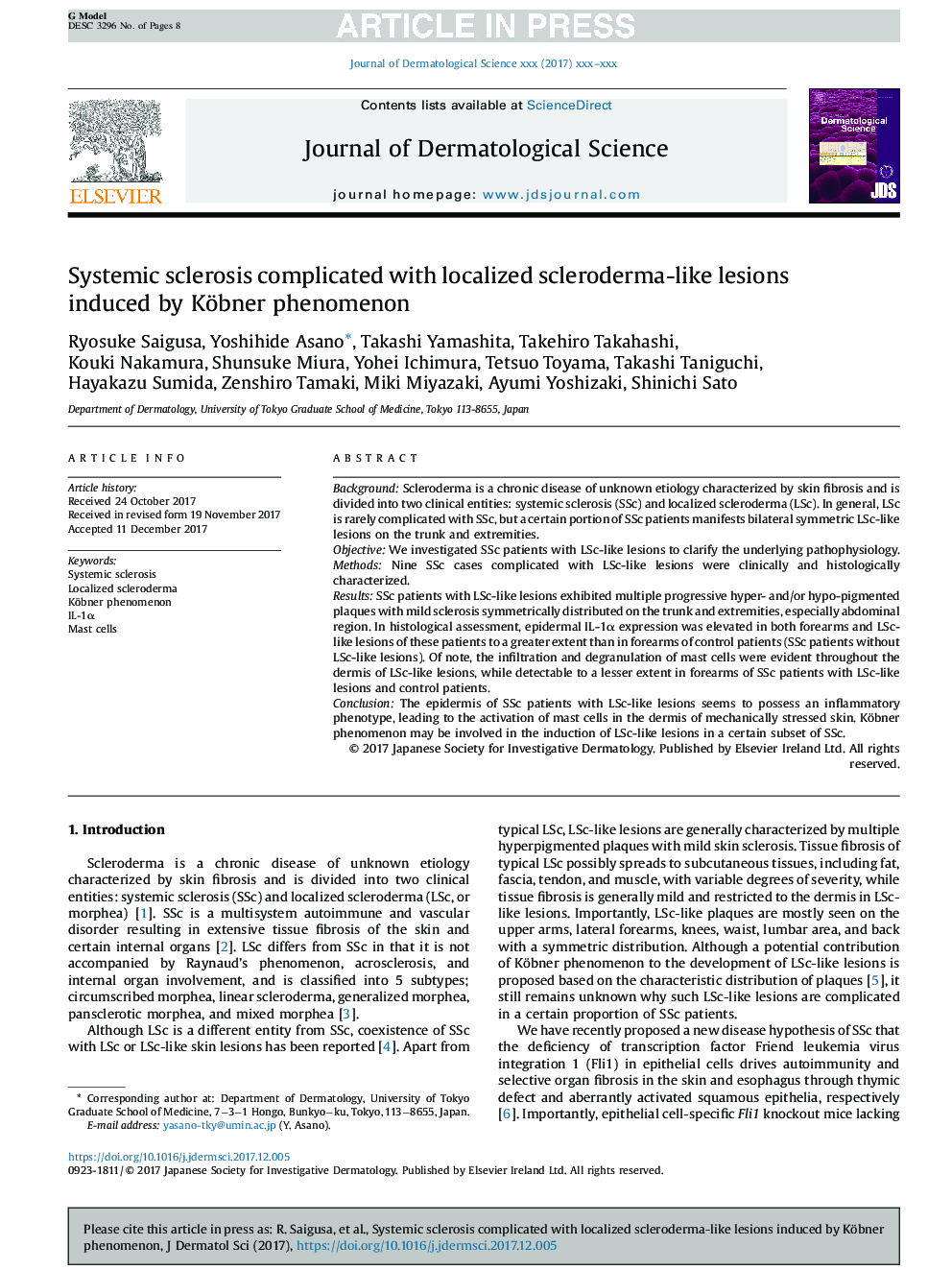 Systemic sclerosis complicated with localized scleroderma-like lesions induced by Köbner phenomenon