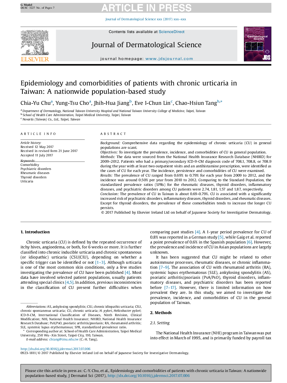 Epidemiology and comorbidities of patients with chronic urticaria in Taiwanâ: A nationwide population-based study