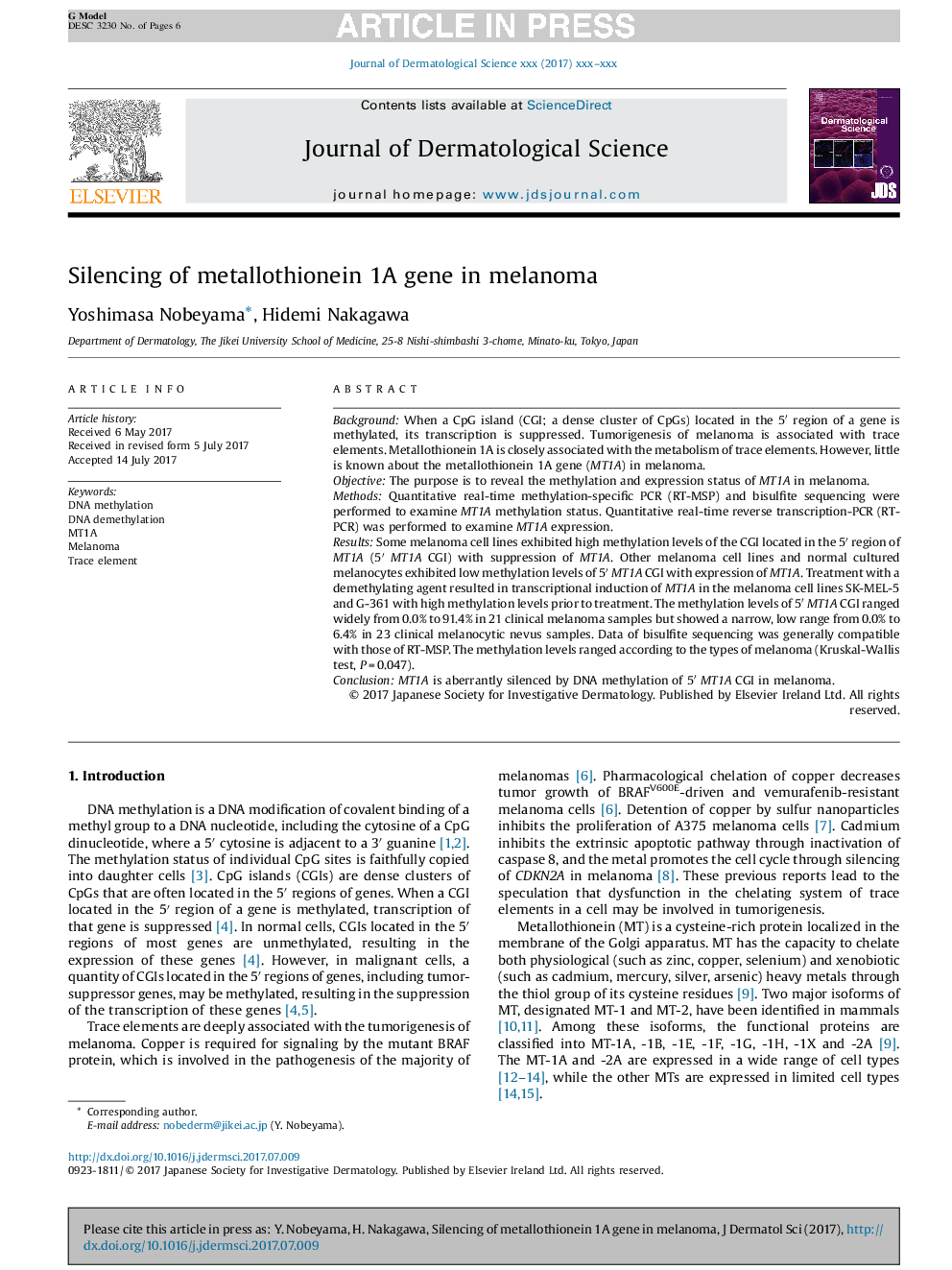 Silencing of metallothionein 1A gene in melanoma