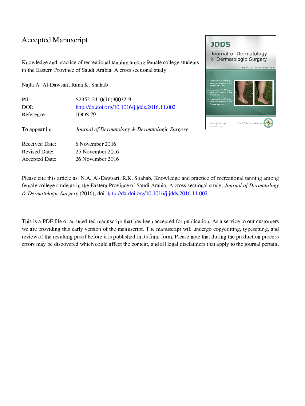 Knowledge and practice of recreational tanning among female college students in the Eastern province of Saudi Arabia. A cross sectional study