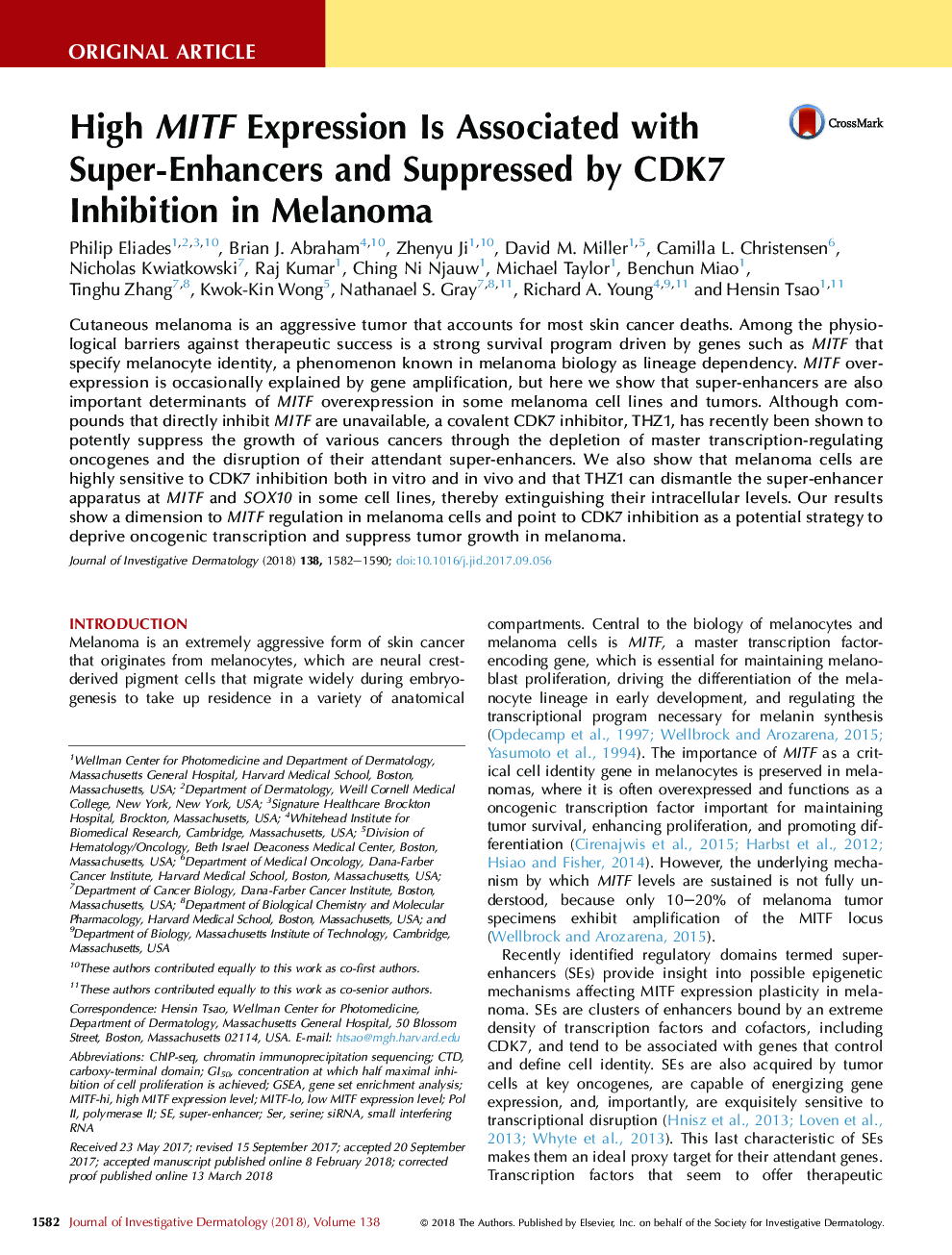 High MITF Expression Is Associated with Super-Enhancers and Suppressed by CDK7 Inhibition in Melanoma