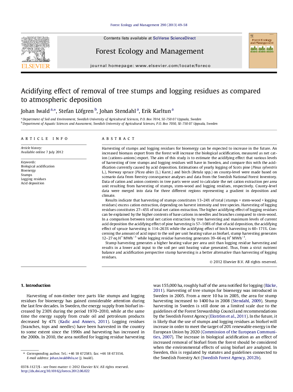 Acidifying effect of removal of tree stumps and logging residues as compared to atmospheric deposition