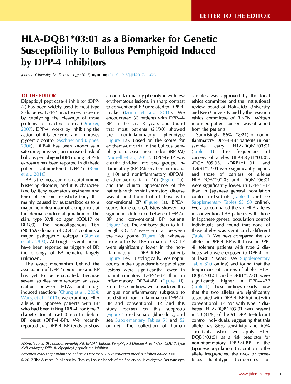 HLA-DQB1*03:01 as a Biomarker for Genetic Susceptibility to Bullous Pemphigoid Induced by DPP-4 Inhibitors