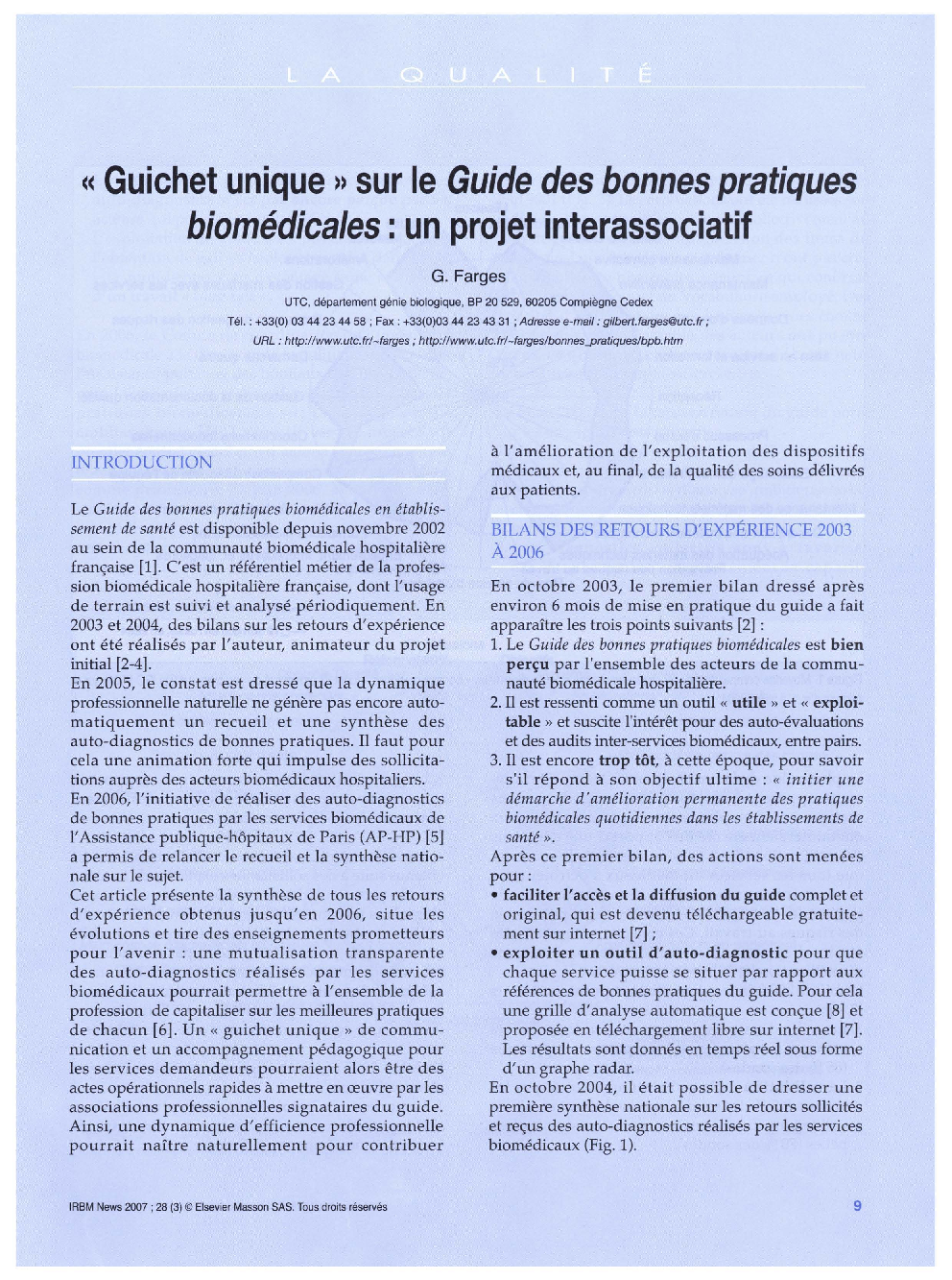 عکس صفحه اول مقاله: « Guichet unique » sur le Guide des bonnes pratiques biomédicales : un projet interassociatif « Guichet unique » sur le Guide des bonnes pratiques biomédicales : un projet interassociatif