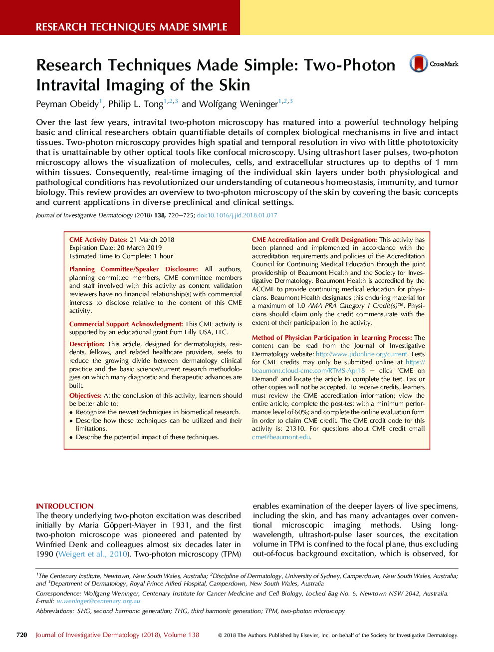 Research Techniques Made Simple: Two-Photon IntravitalÂ Imaging of the Skin