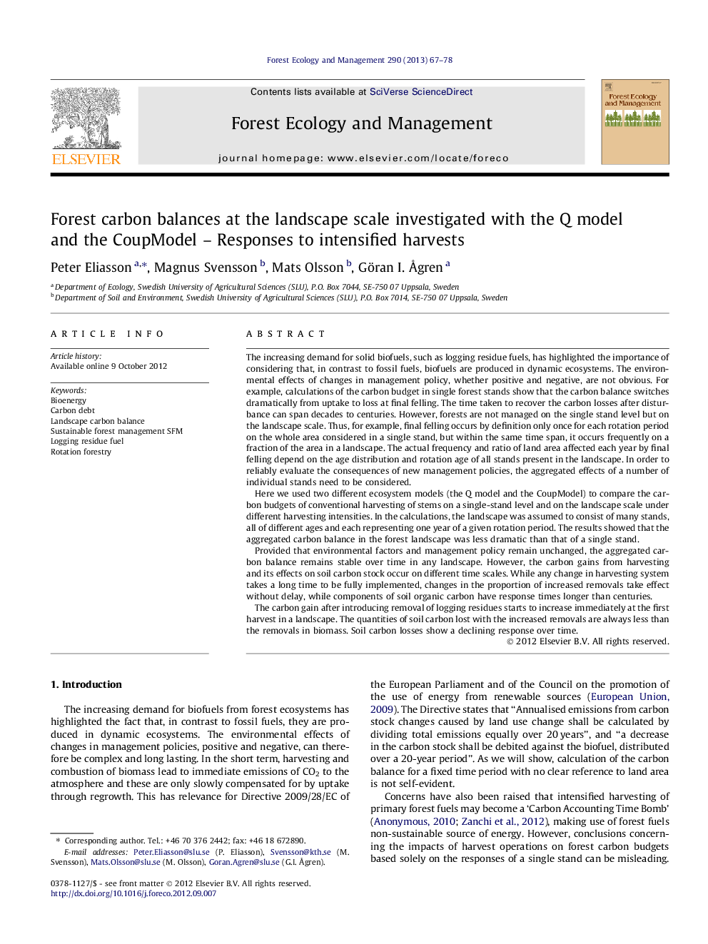 Forest carbon balances at the landscape scale investigated with the Q model and the CoupModel – Responses to intensified harvests