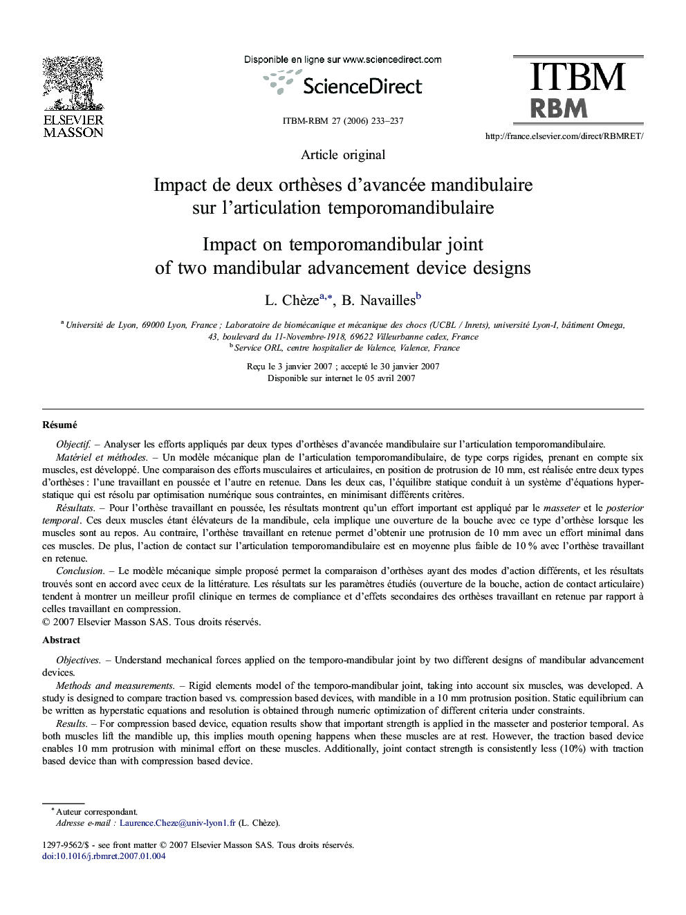 Impact de deux orthèses d'avancée mandibulaire sur l'articulation temporomandibulaire