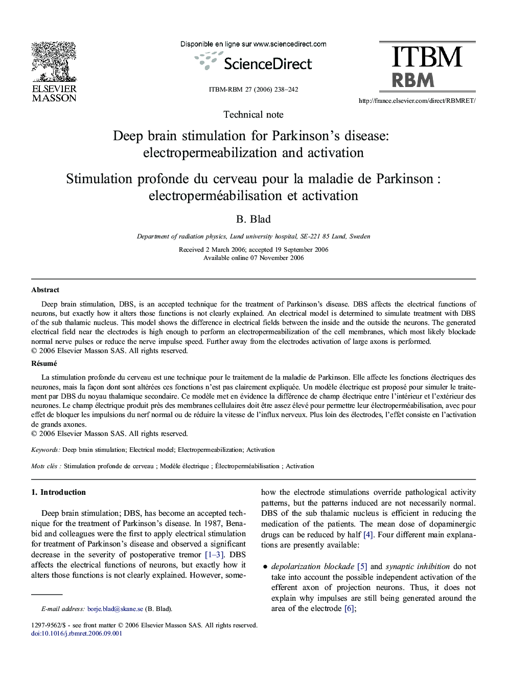 Deep brain stimulation for Parkinson's disease: electropermeabilization and activation