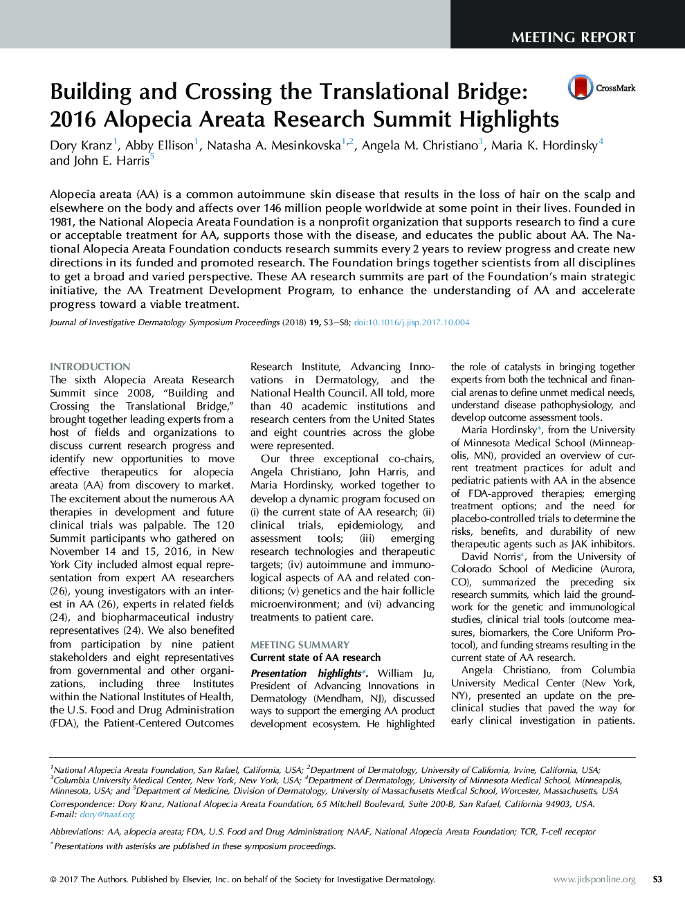 Building and Crossing the Translational Bridge: 2016Â Alopecia Areata Research Summit Highlights