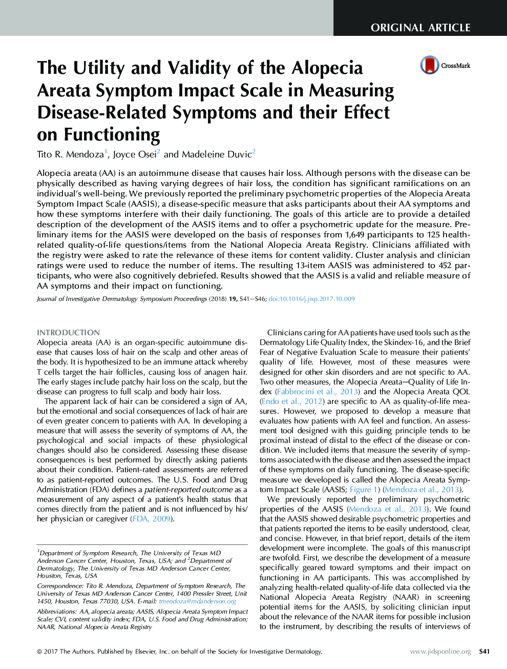 The Utility and Validity of the Alopecia Areata Symptom Impact Scale in Measuring Disease-Related Symptoms and their Effect on Functioning