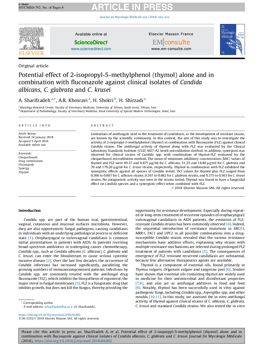 Potential effect of 2-isopropyl-5-methylphenol (thymol) alone and in combination with fluconazole against clinical isolates of Candida albicans, C.Â glabrata and C.Â krusei