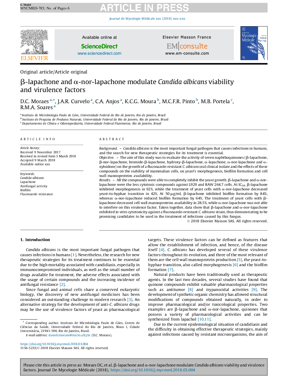 Î²-lapachone and Î±-nor-lapachone modulate Candida albicans viability and virulence factors