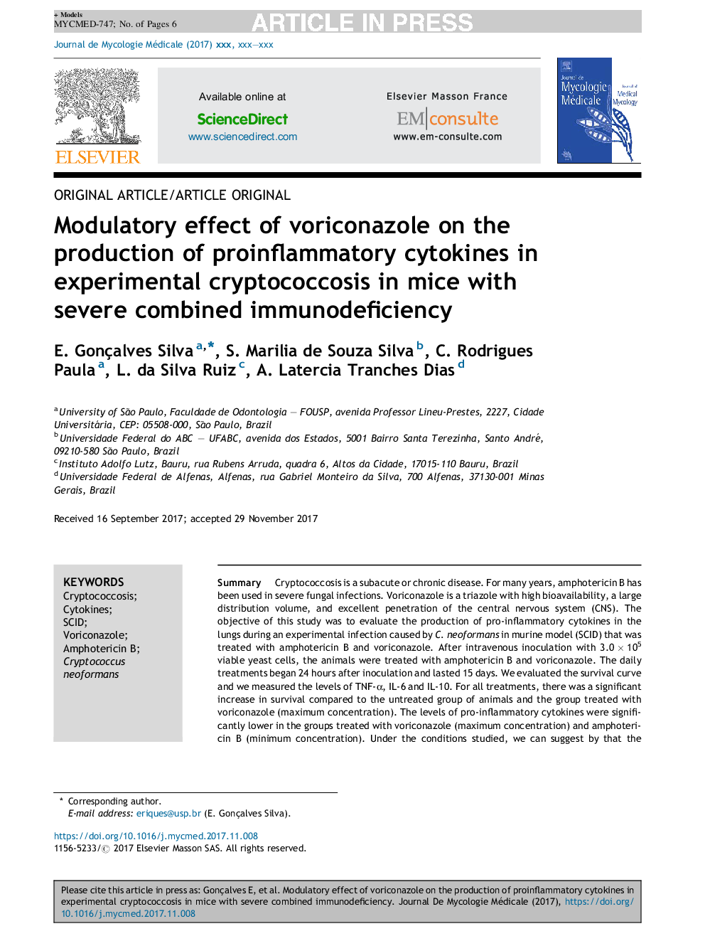 Modulatory effect of voriconazole on the production of proinflammatory cytokines in experimental cryptococcosis in mice with severe combined immunodeficiency