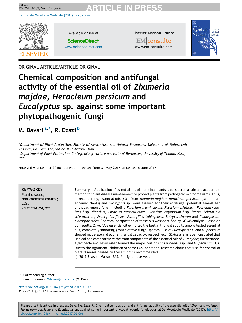 Chemical composition and antifungal activity of the essential oil of Zhumeria majdae, Heracleum persicum and Eucalyptus sp. against some important phytopathogenic fungi