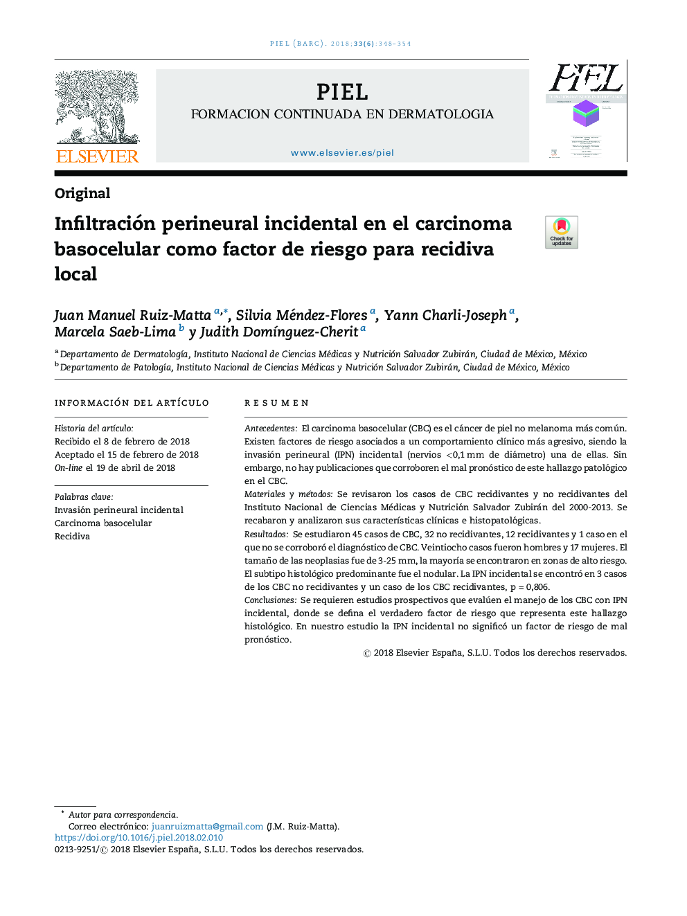 Infiltración perineural incidental en el carcinoma basocelular como factor de riesgo para recidiva local