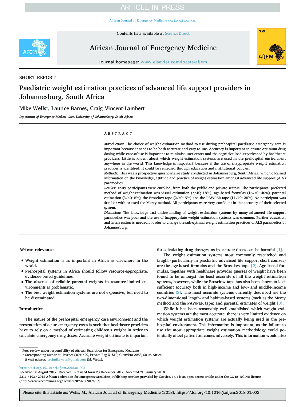 Paediatric weight estimation practices of advanced life support providers in Johannesburg, South Africa