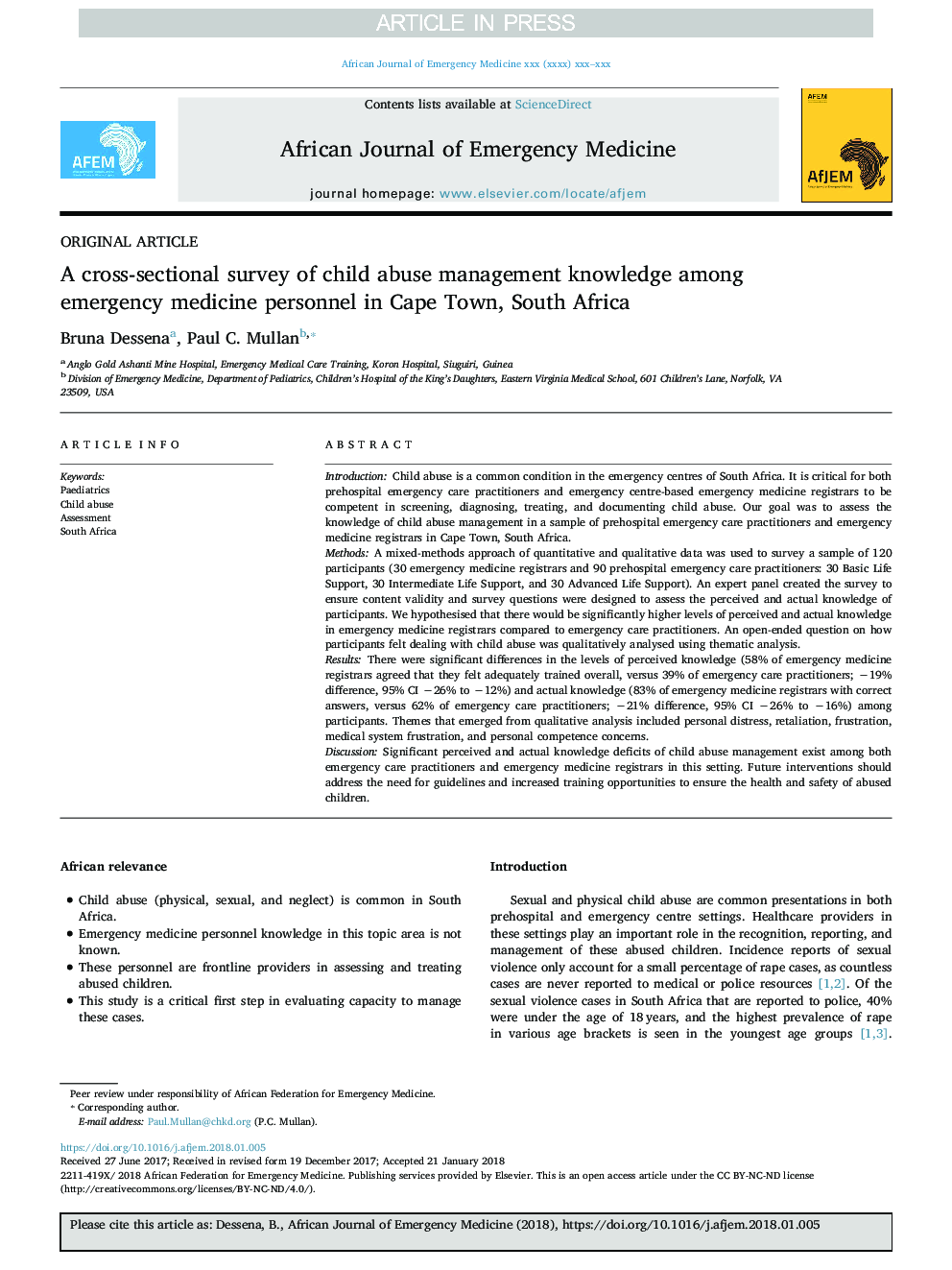 A cross-sectional survey of child abuse management knowledge among emergency medicine personnel in Cape Town, South Africa