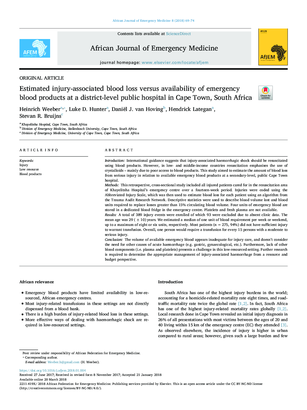 Estimated injury-associated blood loss versus availability of emergency blood products at a district-level public hospital in Cape Town, South Africa