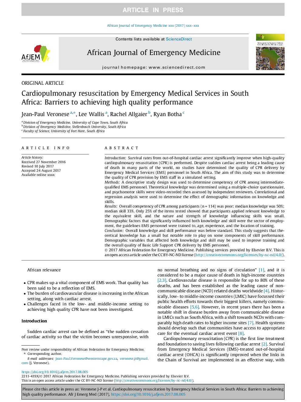 Cardiopulmonary resuscitation by Emergency Medical Services in South Africa: Barriers to achieving high quality performance