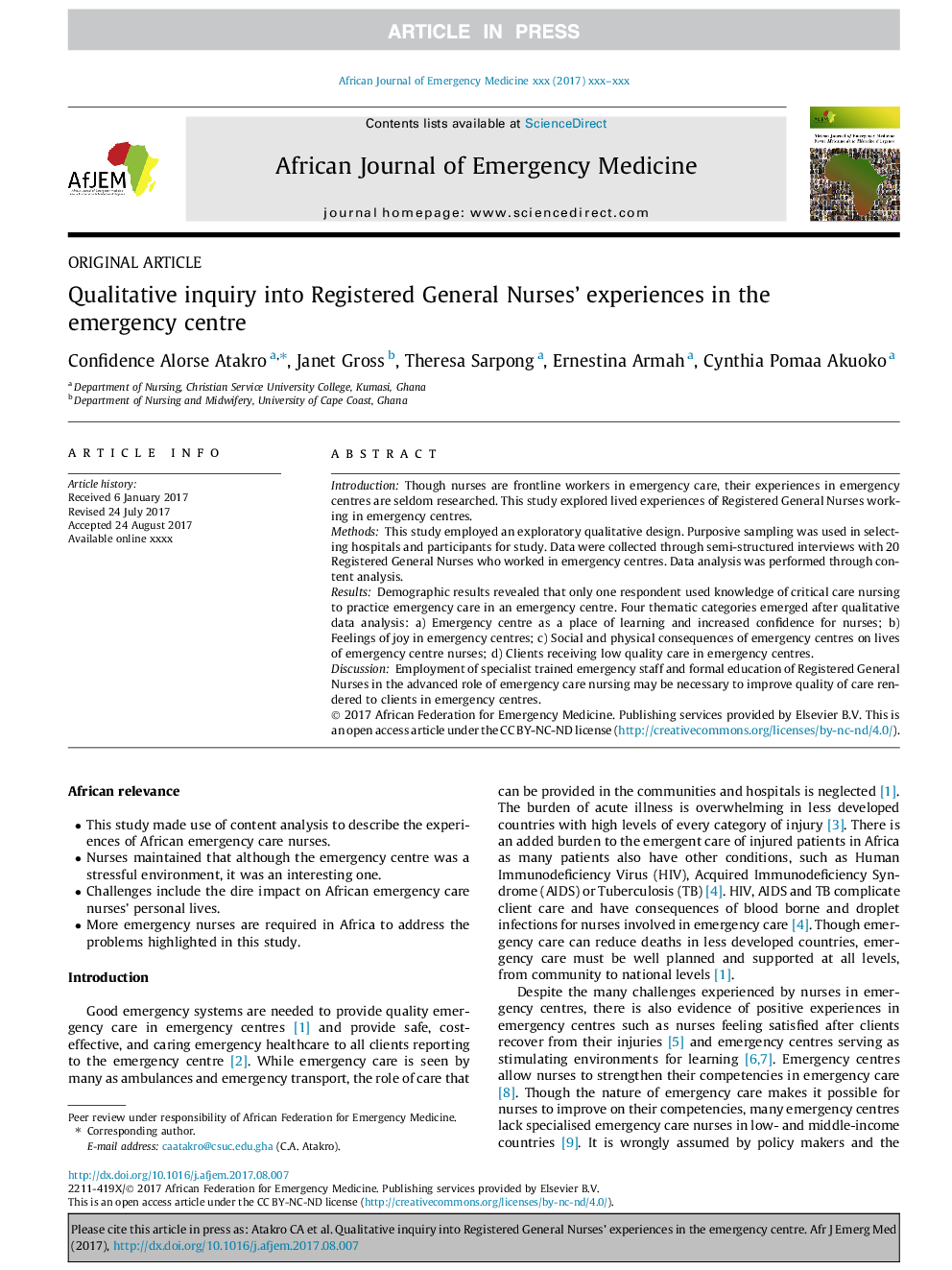 Qualitative inquiry into Registered General Nurses' experiences in the emergency centre